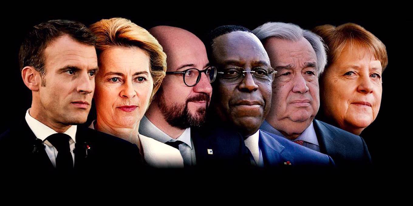 Emmanuel Macron, Angela Merkel, Macky Sall, António Guterres, Charles Michel dhe Ursula von der Leyen