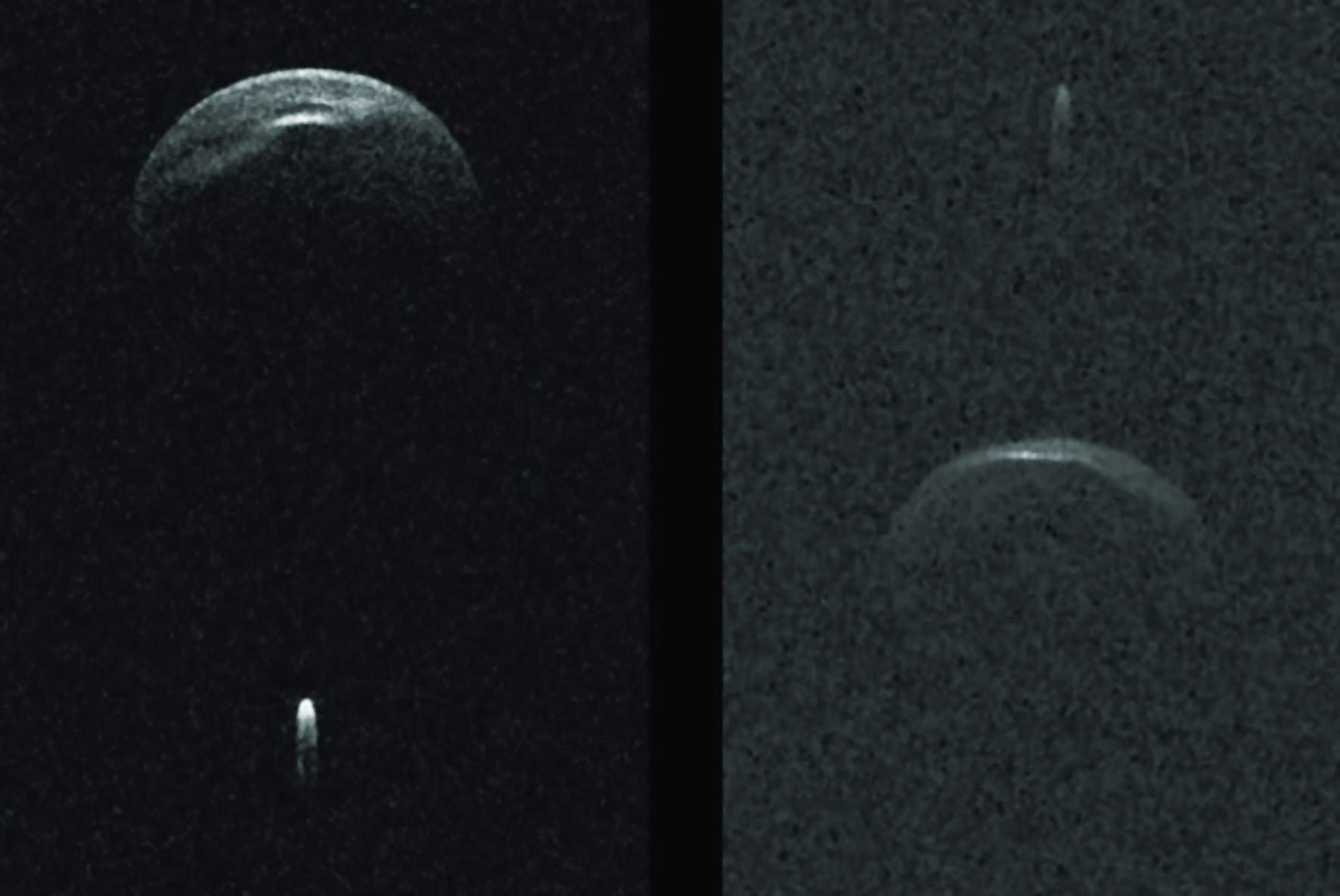 Asteroidi i gjerë 1.6 km, 1999 KW4, të shtunën do të kalojë brenda 5.15 milionë km nga Toka. Asteroidi binar e ka hënën e vet, e cila është pothuajse sa një e treta e një miljeje në diametër (Foto nga Observatori Arecibo në Porto Rico/NASA/NSF)