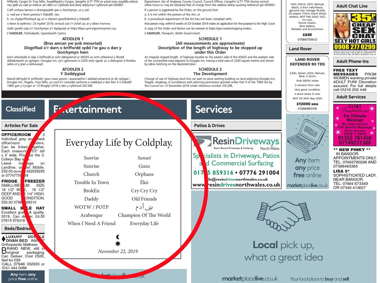 Coldplay publikon shpallje në gazetat lokale për ta paralajmëruar listën e këngëve të albumit të ri