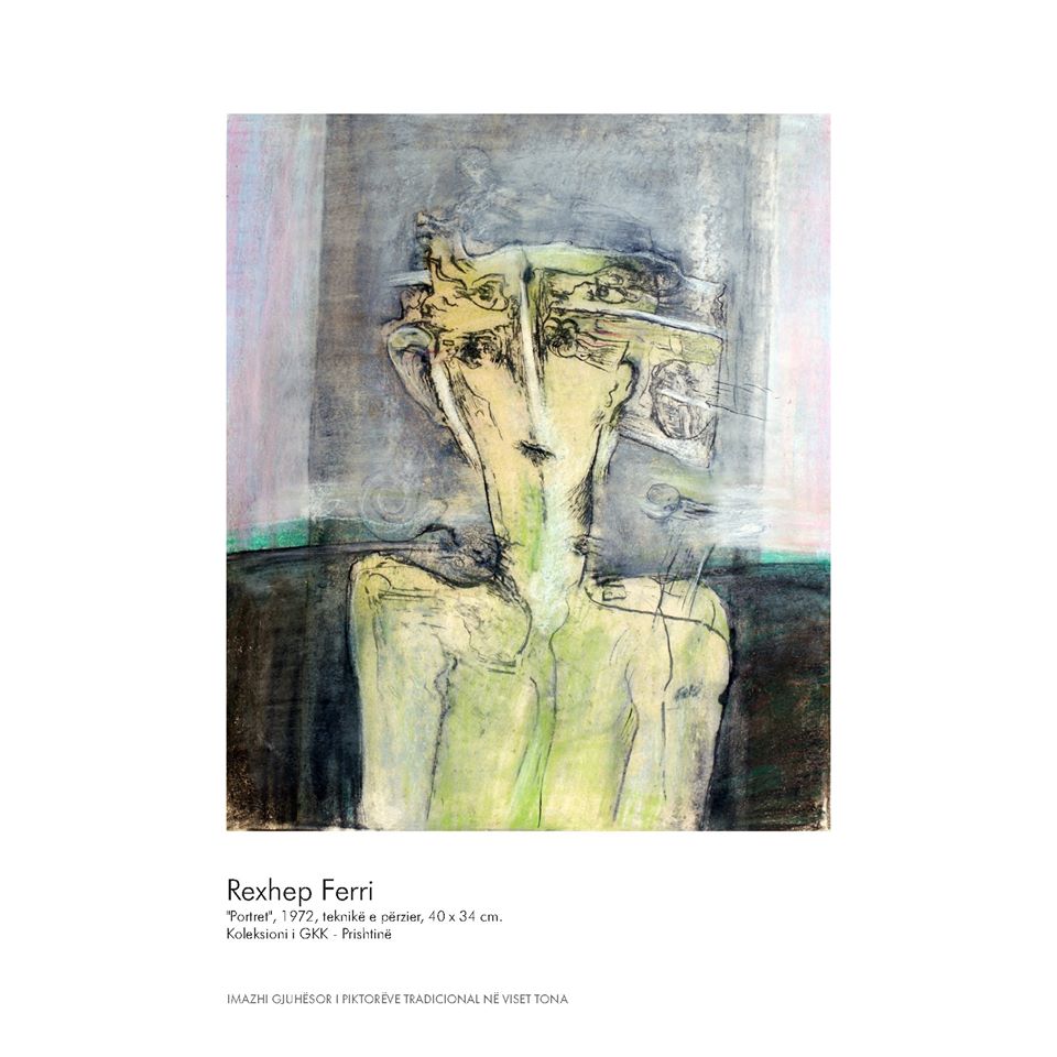 “Portret”, 1972, teknikë e kombinuar, 40x34 centimetra me autor akademik Rexhep Ferrin, është një prej veprave të publikuara nga Galeria e Ministrisë së Kulturës në kuadër të ciklit “Retrospektivë”
