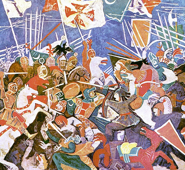 “Beteja e Kosovës”, Petar Lubarda, teknikë e kombinuar, 1953,  172,5 me 190,5 centimetra