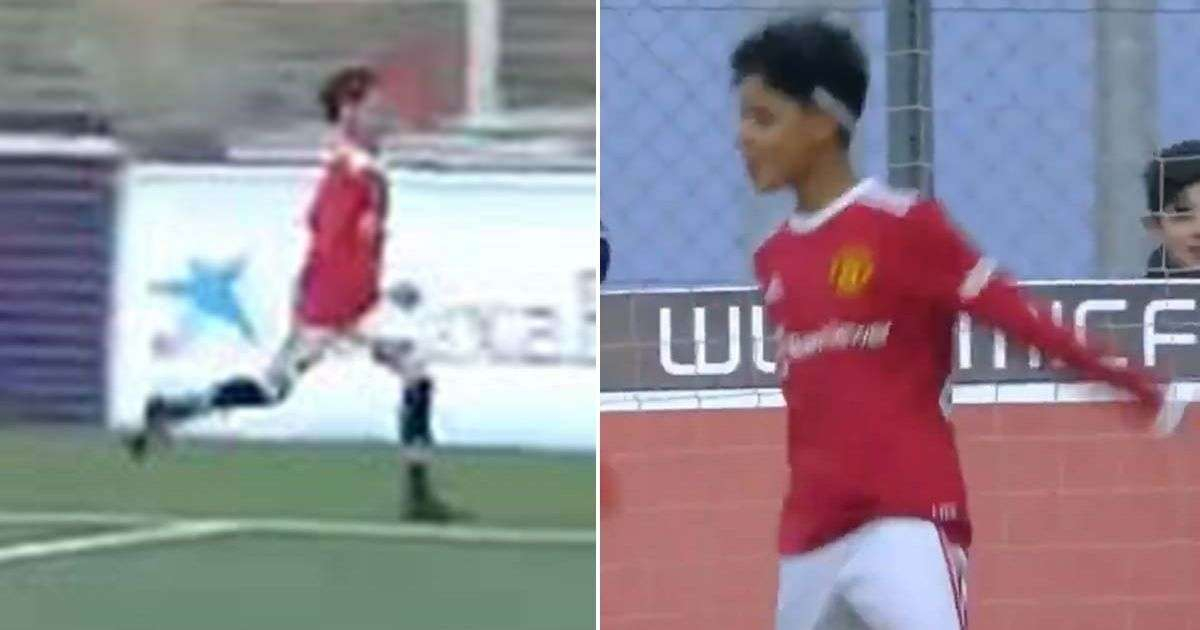 Video) Cristiano Ronaldo Jr scores for Man Utd U12s and celebrates likes  his dad