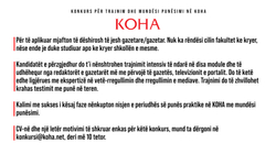 Konkurs për trajnim dhe mundësi punësimi në KOHA