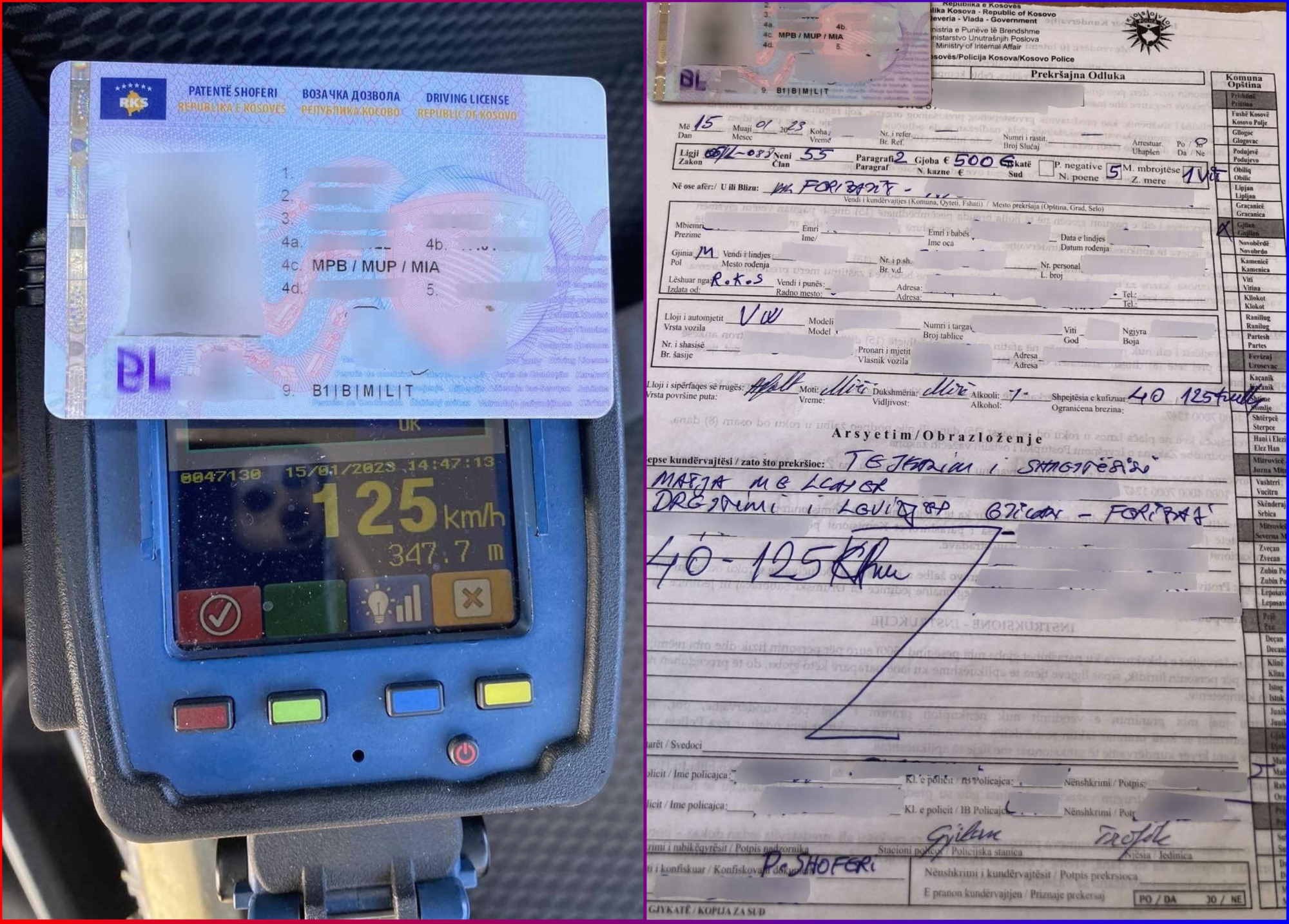 Казна од 500 евра, једногодишње одузимање возачке дозволе и негативни поени за прекорачење брзине
