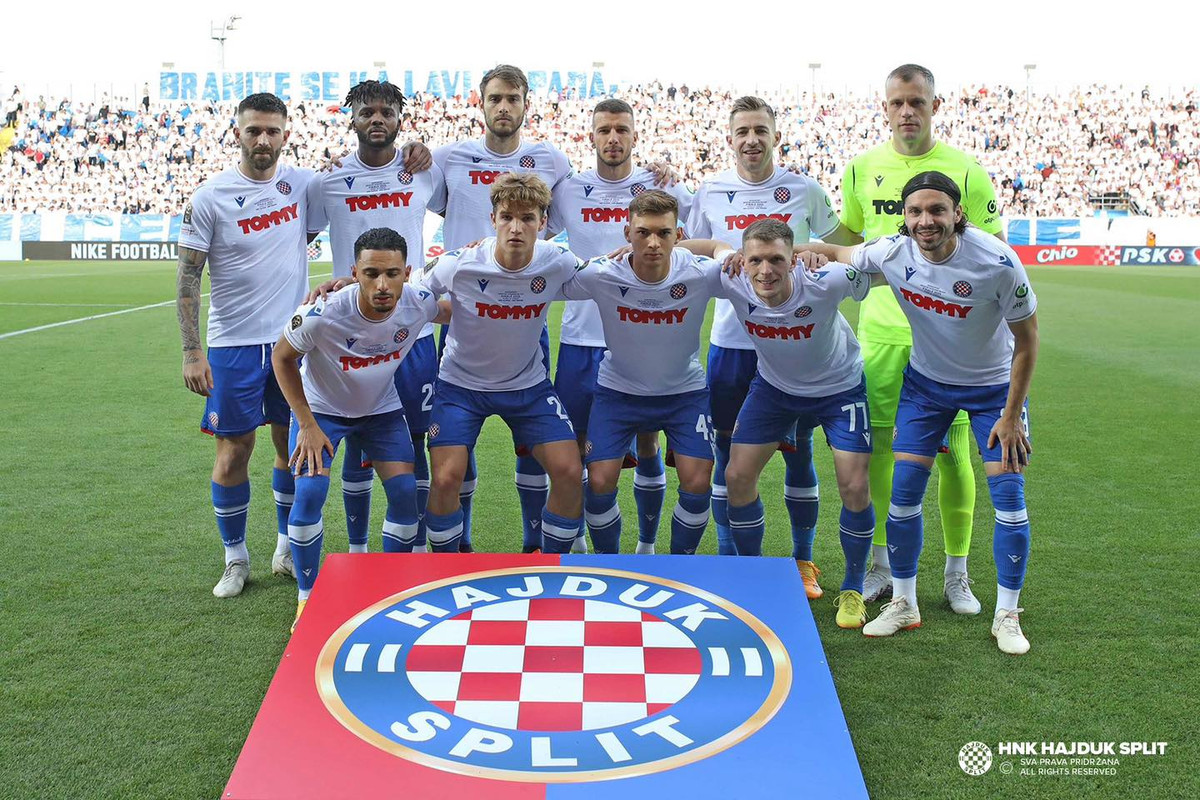 Rijeka, Croatia. 24th May, 2023. Players of Hajduk Split celebrate with the  trophy after the victory against xxx in their SuperSport Croatian Football  Cup final match at HNK Rijeka Stadium in Rijeka