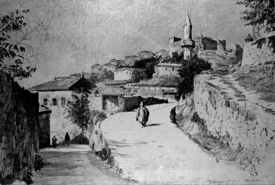 Xhamia e Pashës në Ulqin (1719) gravurë nga Edith Durhami (1908)