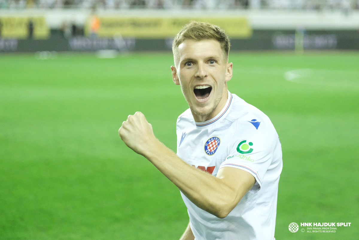 Rijeka, Croatia. 24th May, 2023. Players of Hajduk Split celebrate with the  trophy after the victory against Sibenik in their SuperSport Croatian  Football Cup final match at HNK Rijeka Stadium in Rijeka