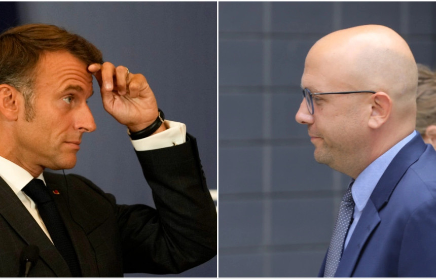Emmanuel Macron në Beograd (në të majtë – foto: AP) dhe Manuel Sarrazin në Prishtinë (Foto: Alban Bujari/KOHA)