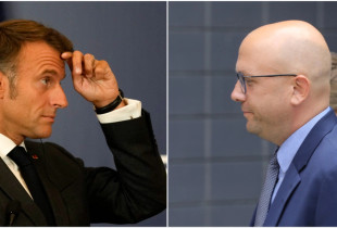 Emmanuel Macron në Beograd (në të majtë – foto: AP) dhe Manuel Sarrazin në Prishtinë (Foto: Alban Bujari/KOHA)