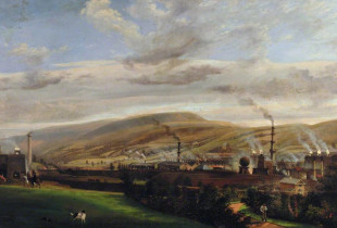 Një peizazh industrial i Walesit jugor nga Penry Williams, që është pjesë e ekspozitës “No Welsh Art” në Bibliotekën Kombëtare të Walesit në Aberystwyth