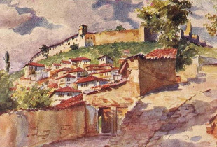 Akuarel i Todor Shvrakiqit, “Pamje nga Kalaja, Prizren” në një kartolinë të vitit 1916