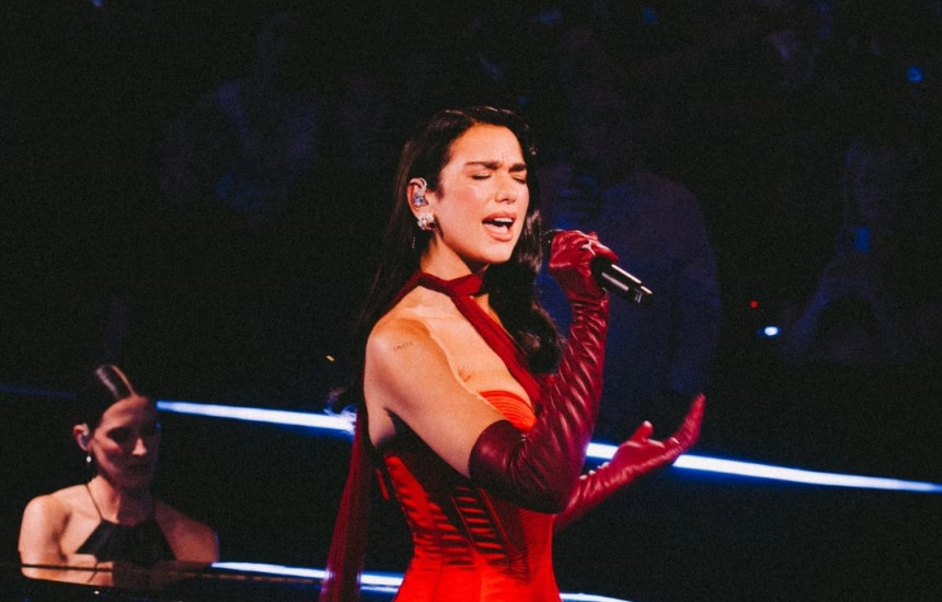 dua lipa royal albert hall red dress Dua Lipa Serves Up Retro Glamour in a Red Corset Gown