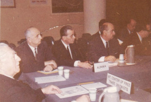 Nga e majta: Jusuf Begeja, dr. Athanas Gegaj, dr. Odhise Dhima dhe ing. Vasil Gërmenji – Strasburg, 1958, kryetar i komitetit “Shqipëria e Lirë”