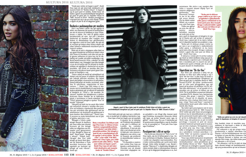 Faksimilet e faqeve të numrit festiv të “Kohës Ditore” të 30, 31 dhjetorit 2015 dhe 1, 2 dhe 3 janarit të vitit 2016, ku është botuar intervista e Dua Lipës