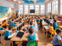 Fëmijët e Kosovës duke mbajtur mësim në vitin 2030, fotografi e gjeneruar nga Inteligjenca Artificia