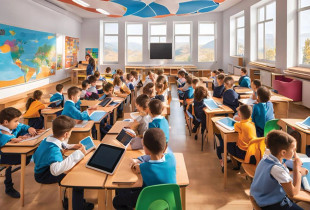 Fëmijët e Kosovës duke mbajtur mësim në vitin 2030, fotografi e gjeneruar nga Inteligjenca Artificia