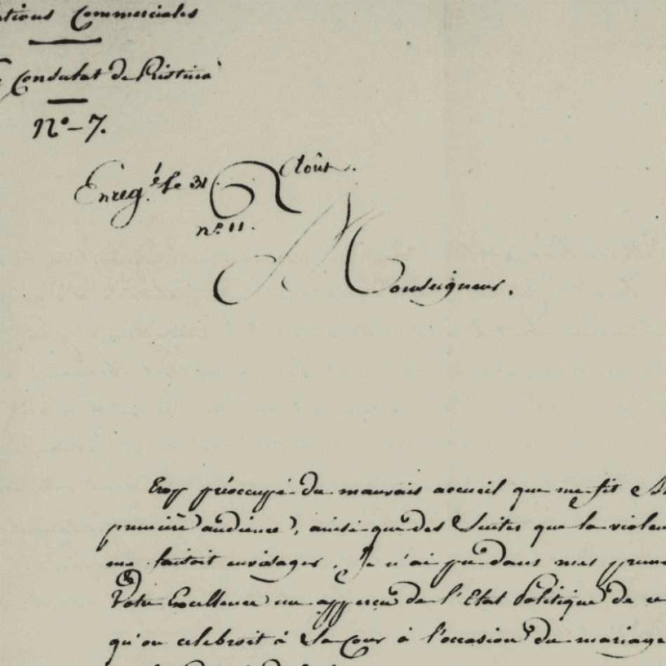 Detaj nga njëra prej tetë letrave të diplomatit francez Anton Vas i cili më 1812 ishte ngarkuar me misionin e hapjes së një nënkonsullate franceze në Prishtinë