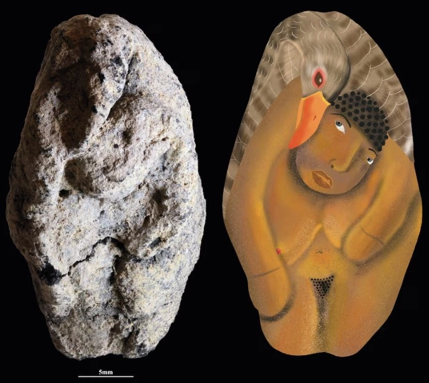 Një figurinë argjile 12 mijë vjet e vjetër (majtas) e zbuluar në një zonë arkeologjike me pamje nga Deti i Galilesë në veri të Izraelit