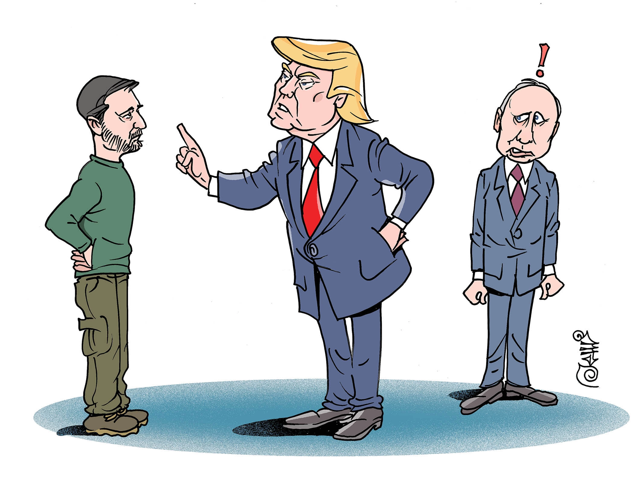 “Qasja e Trumpit ndaj çështjes së Ukrainës i përngjet një tregtie për ta arritur paqen duke i dhënë Putinit territoret që i takojnë popullit ukrainas...” (Karikatura: Jeton Mikullovci-Jemi)