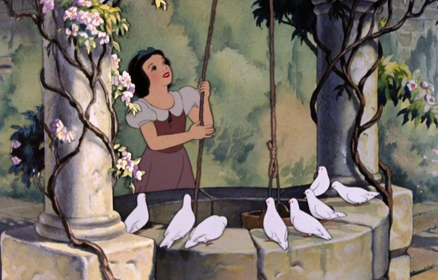 Skenë nga filmi i parë i animuar me metrash të gjatë “Borëbardha dhe shtatë xhuxhët” nga Walt Disney