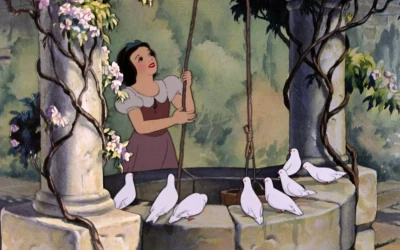Skenë nga filmi i parë i animuar me metrash të gjatë “Borëbardha dhe shtatë xhuxhët” nga Walt Disney