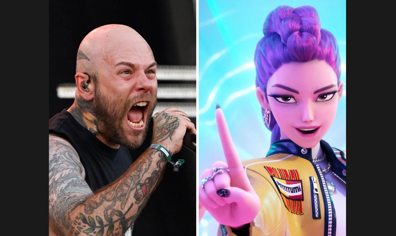 Vokalisti Ryan Clark nga grupi Demon Hunter, fotografuar nga Getty Images dhe pesonazhi Rumi nga filmi "KPop Demon Hunters" i Netflixit