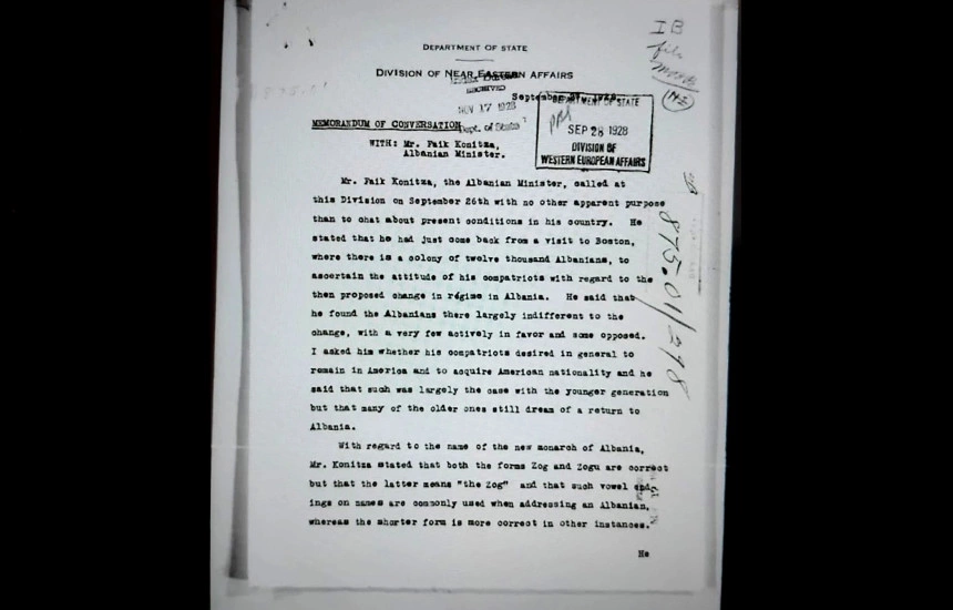 Faksimile e faqes së parë të Memorandumit të bisedës nga Departamenti i Shtetit i SHBA-së, i vitit 1928