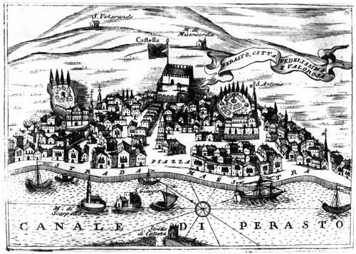Gravurë veneciane e Perastit sot në Mal të Zi. Viti: 1654