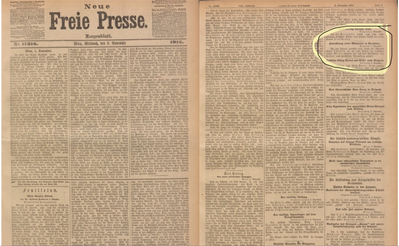 Faksimil i gazetës vjeneze “Neue Freie Presse“, 6 nëntor 1912, në të cilën bëhet i njohur lajmi për ndërrimin e emrin nga Ferizaj në Uroshevac