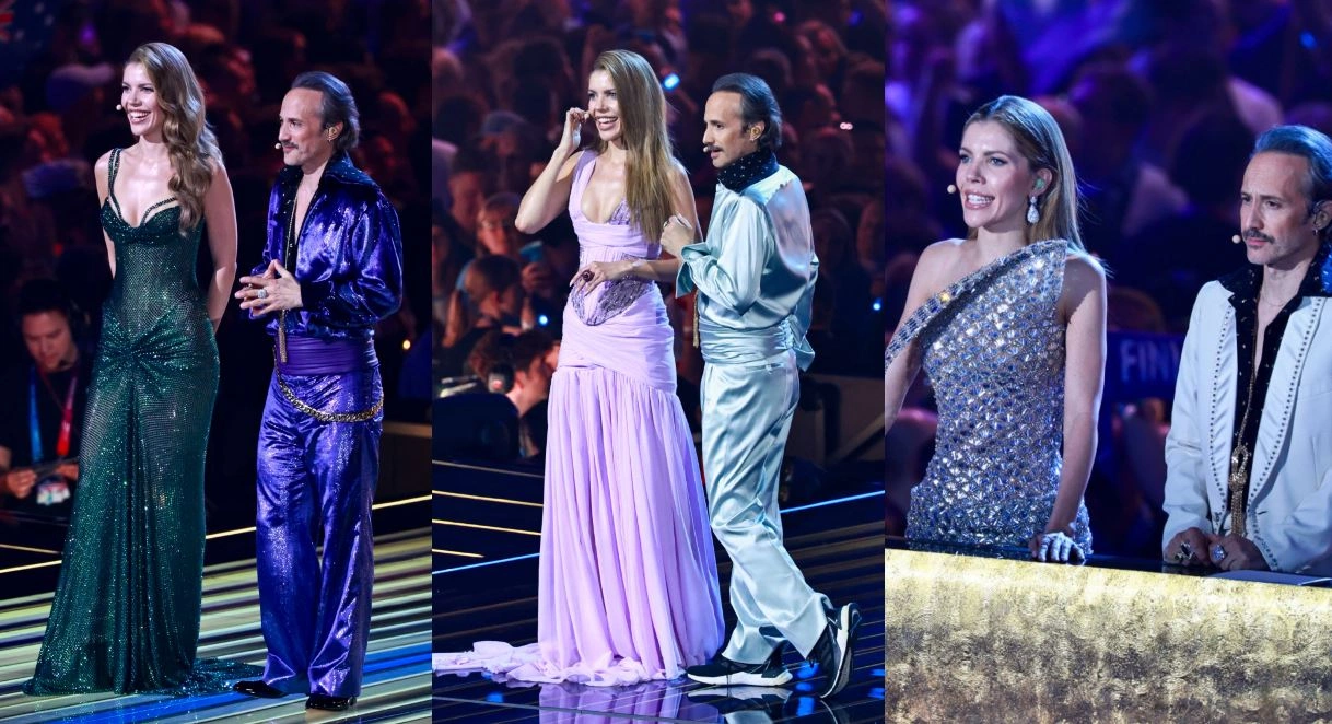 Victoria Swarovski me veshjet e Vadrin Sahitit (fotoja e parë dhe e tretë) dhe të Drenusha Xharrës (në mes)