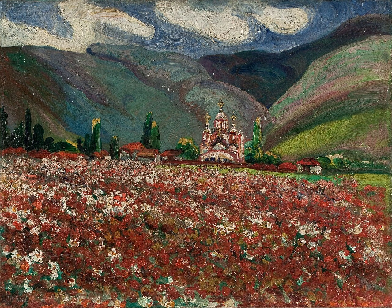 “Bozhurët e Kosovës – Graçanica”, Nadezhda Petroviq, vaj në karton, 1913 36.2 me 46.5 centimetra